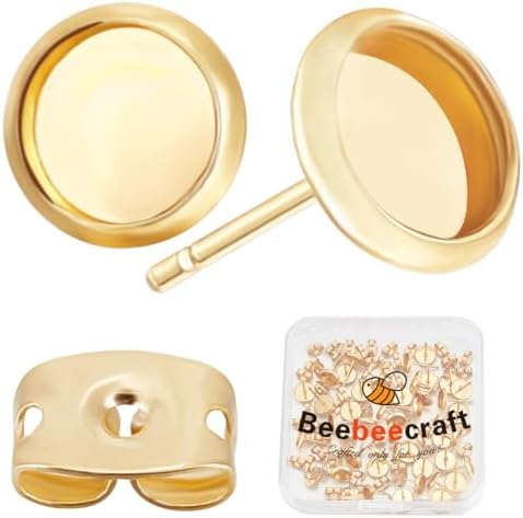 Beebeecraft 1 Box 50Pcs Post Stud Earring Findings 18K Gold Plated Blanks Round Cabochon Prong Earring Bezels Trays Settings with 6mm Tray and 50Pcs Backs for Jewelry Making by Beebeecraft