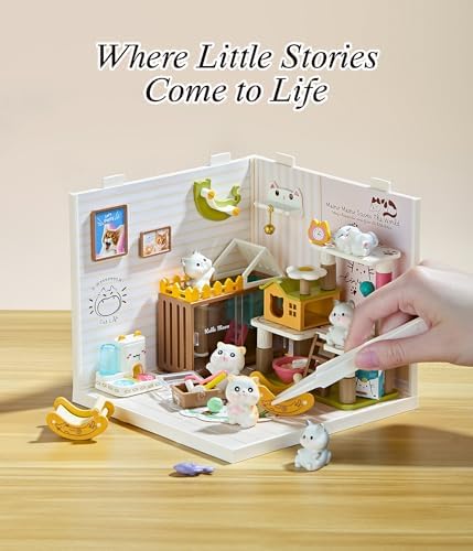 Cat Pet Life Shop DIY Miniature House Kit with Roof & LED Light, Stackable & Connectable Dollhouse Kit with Dustproof Door, Creative DIY Crafts Building Toy Gift for Adults Teens - Image 3