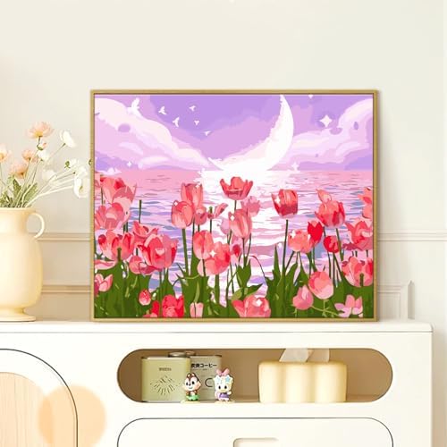 Yunnuo Paint by Numbers Kit for Adults, Tulip Flowers Paint by Number for Beginners, DIY Seaside Scenery Acrylic Number Painting on Canvas, Great Gifts Decor (16 x 20 Inch) - Image 3