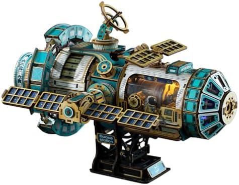 3D Wooden Puzzles International Space Station Model - Collectible Display Model with Interlocking Design, Motorized Solar Panels, Radar & Thrusters, LED Light Effects(Celestigon Station) by LogicTwist
