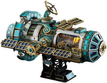 3D Wooden Puzzles International Space Station Model - Collectible Display Model with Interlocking Design, Motorized Solar Panels, Radar & Thrusters, LED Light Effects(Celestigon Station) by LogicTwist