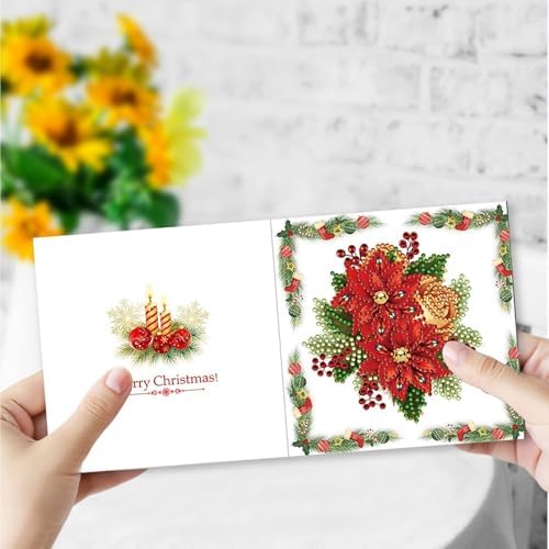 DIY Diamond Greeting Cards Set Christmas, 5D DIY Diamond Art Painting Greeting Card, DIY Christmas Card Making Kits for Family Friends Handmade Gift-#10-Christmas Poinsettia - Image 4
