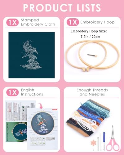 TINDTOP Embroidery Kit for Beginners Adult, Kingfisher Embroidery Kit for Beginners Include Embroidery Cloth Hoops Threads for Craft Lover Hand Stitch with Embroidery Skill Techniques - Image 2