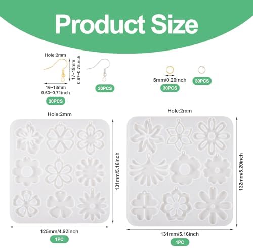 Boutigem 2Pcs Flower Pendant Silicone Molds Assorted Floral Resin Casting Molds with Earring Hooks Jump Rings for DIY Crafts Earring Keychain Necklace Jewelry Making - Image 2
