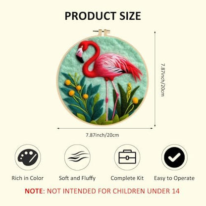 Zovylks Needle Felting Kit for Adults, 7.9 Inch Wool Felt Painting DIY Craft Set for Beginners, Needle Felt Starter Kit with Picture Frame, Foam Pad, Finger Cot (Flamingo) - Image 2