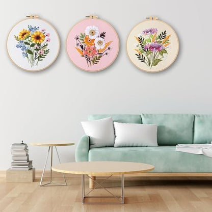 Ohcol 3 Sets Embroidery Kit for Beginners Cross Stitch Kits Needlepoint Kits Crafts for Adults with 3 Embroidery Hoops Easy-to-Follow Operating Instructions,Needle Point Kits with Flowers Patterns - Image 5