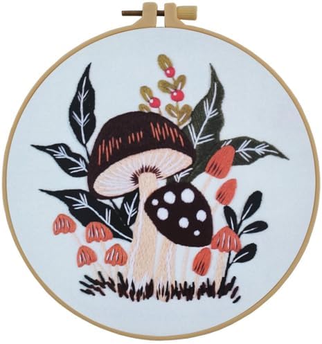 Esffaci Embroidery Starter Kit for Adult Beginner with Mushroom Plant Flower Pattern Hand Embroidery Set with Cloth Hoop Needle Threader Floss and Instruction by Esffaci