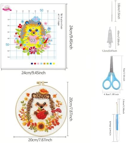 Zhenqing Autumn Animals Cross Stitch Kit - 4-Piece Set with Pre-Printed 11CT 24x24cm Fabric, Hoop & Tools, Fall Theme Animal Designs for Beginners (70412) - Image 4
