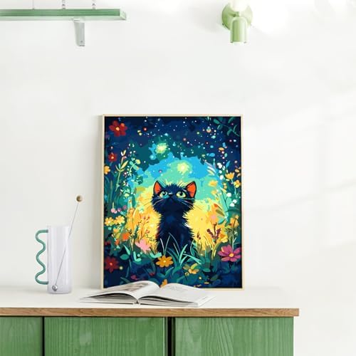Yunnuo Black Cat Paint by Numbers Kit for Adults Beginner,16x20 inch Canvas Paint by Number Kits with 3 Brushes,Starry Night Cat Number Painting for Adults,Perfect for Home Decor and Gift - Image 3