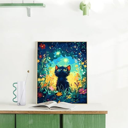 Yunnuo Black Cat Paint by Numbers Kit for Adults Beginner,16x20 inch Canvas Paint by Number Kits with 3 Brushes,Starry Night Cat Number Painting for Adults,Perfect for Home Decor and Gift - Image 3