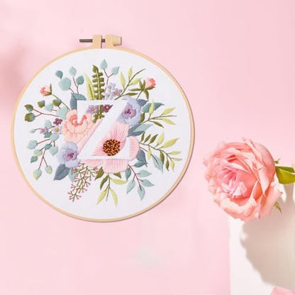 IUHUI Embroidery Kit for Beginners Adults - 26 Floral Letters Easy Patterns, DIY Hand Stitching Embroidery Set with Hoop (Flower and Grass Letter Z) - Image 3