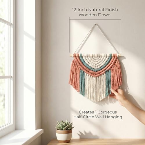 LEISURE ARTS Macrame Half Circle Wall Hanging Kit, Beginner Macrame Kit with Wooden Dowel Cord and Instructions, Diagonal Half Stitch Lark Head Knots, Natural Finish Fringe Tassel - Image 5