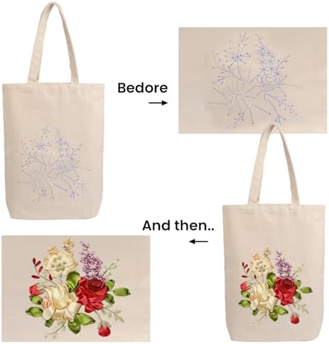 CREAWONDER Canvas Tote Bag Embroidery Kit with Pattern for Beginners, Arts and DIY Embroidery Crafts Kits for Adults, Include Instructions, Embroidery Hoops, Color Threads and Tool - Image 5