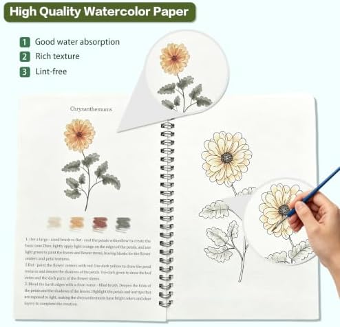 Watercolor Workbook, Water Coloring Book with 12 Different Flowers Designs, 24 Colors Watercolor Paint Set for Beginners Adults - Image 3