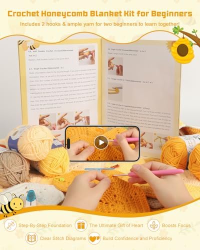 Arborthread Crochet Blanket Kit for Beginners, Honeycomb Crochet Kit - Image 2