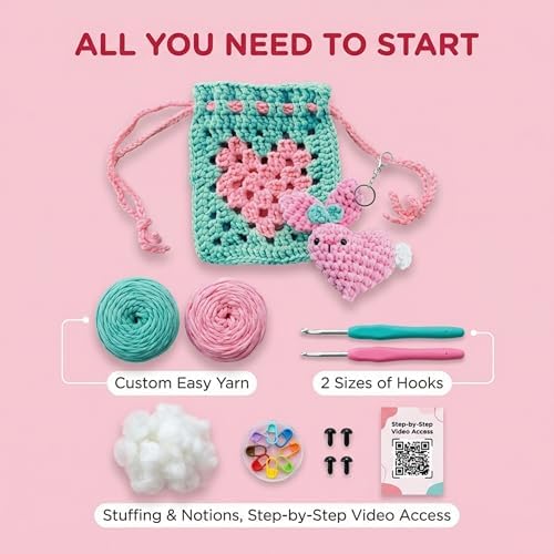 Wimmsie Crochet Animal Kit for Beginners - Easy Granny Square Crochet Kit for Beginners Kids & Adults - Cute Amigurumi Heart Bunny Keychain & Mini Heart Purse - Step by Step Video Tutorials - Image 4