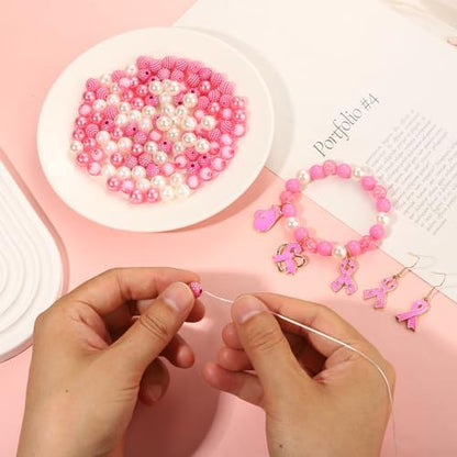 2650PCS+ Breast Cancer Awareness Beads Charms for Bracelet Making Pink Clay Heishi Beads Acrylic Pearl Crystal Spacer Bead Pink Ribbon Charms for Jewelry Making DIY Breast Cancer Awareness Accessories - Image 6