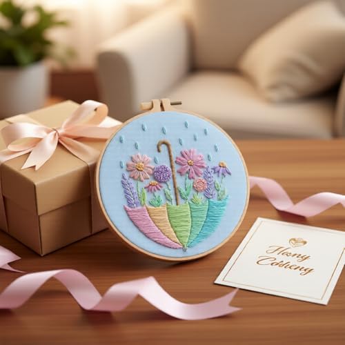 JJFox Embroidery Kit for Beginners and Adults, DIY Hand Embroidery Starter Kit with Cute Pattern, Cross Stitch Needlepoint Set with Hoop, Threads and Instructions (Flower-3) - Image 5