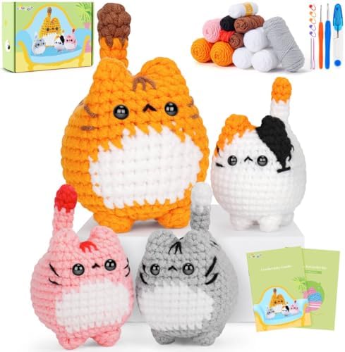 Crochet Kit for Beginners-4PCS Cat Crochet Kits for Adults, Teacher Appreciation Gifts, Crochet Starter Kit with Step-by-Step Video Tutorials, Crochet Animals Kits DIY Craft Kit Learn to Crochet Kits by Auspiciousbeginning
