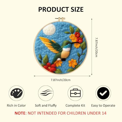 Zovylks Needle Felting Kit for Adults, 7.9 Inch Wool Felt Painting DIY Craft Set for Beginners, Needle Felt Starter Kit with Picture Frame, Foam Pad, Finger Cot (Hummingbird) - Image 2