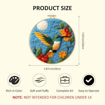 Zovylks Needle Felting Kit for Adults, 7.9 Inch Wool Felt Painting DIY Craft Set for Beginners, Needle Felt Starter Kit with Picture Frame, Foam Pad, Finger Cot (Hummingbird) - Image 2