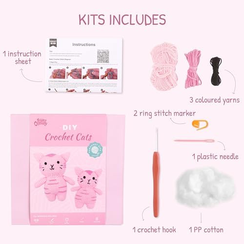 HOUSE CREATIVITY Cat Crochet Kit for Beginners – Make a Variety of Adorable Kittens, Amigurumi Crochet Starter Kit with Yarn, Eyes & Step-by-Step Video Tutorial, DIY Craft for Cat Lovers - Image 4