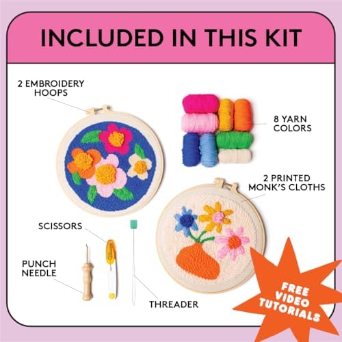 SPINNY Punch Needle Kit, Two Large Floral Designs w/ 2 Embroidery Hoops, Includes Beginner Video Tutorials and Instructions, Beginner Punch Stitch for Adults, Complete Kit for Crafters - Image 2