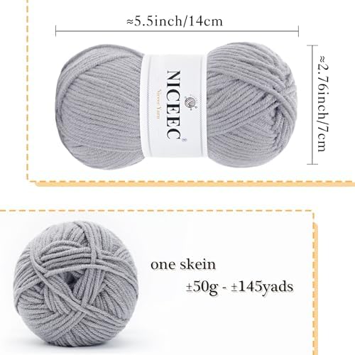 NICEEC 300g Soft Assorted Colors Yarn 100% Acrylic 870yds -Light Gray - Image 2