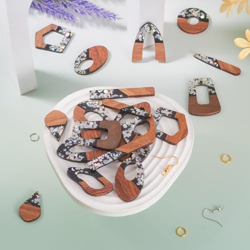 10 Pairs Wood Resin Pendants Vintage Resin Walnut Wood Charms Black Brown Sequins Charms Rectangle Oval Teardrop Wooden Dangle Earring Making Kit with Earring Hooks for Bohemian Jewelry - Image 7