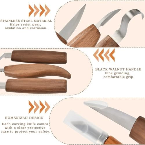 15Pcs Wood Carving Knife Set Walnut Wood Whittling Kit with Detail Wood Knife, Hook Knife for Beginners Wood Carving Tools with Zipper Bag for Kids Adults Woodworking DIY - Image 3