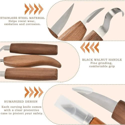 15Pcs Wood Carving Knife Set Walnut Wood Whittling Kit with Detail Wood Knife, Hook Knife for Beginners Wood Carving Tools with Zipper Bag for Kids Adults Woodworking DIY - Image 3