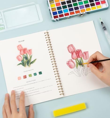 Watercolor Workbook, Water Coloring Book, 12 Different Patterns of Original DIY Designs, 50 Colors Watercolor Paint Set with Palette and Brush, Beginner-Friendly Watercolor Workbooks (Bouquets) - Image 7