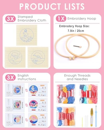 TINDTOP Punch Needle Kits, 3 Pack Punch Needle Embroidery Kits for Adults Beginner, Tool with Punch Needle Fabric, Hoops, Yarns and Sewing Needles (Dolphin) - Image 2