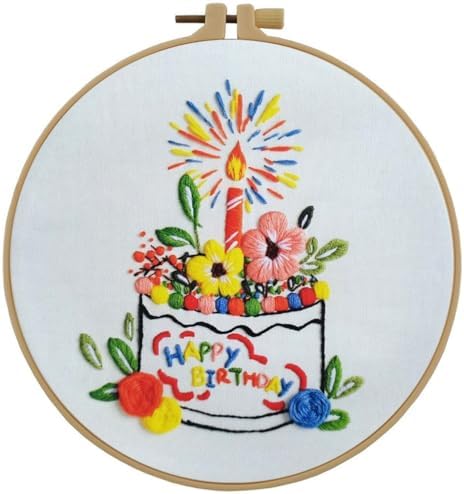 Esffaci Embroidery Starter Kit for Adult Beginner with Birthday Cake Flowers Pattern Hand Embroidery Set with Cloth Hoop Needle Threader Floss and Instruction by Esffaci