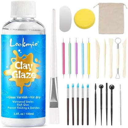 3.4FL OZ Air Dry Clay Glaze & 25pcs Tools Kit, Gloss Protective Sealant by lockmio