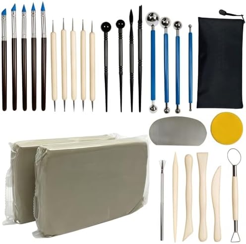 2.2LBs White Pottery Clay with 27 Pcs Clay Sculpting Tools,Natural Air Dry Clay Kit for Adults, Modeling Clay for Pottery, Ceramic Graving Pottery Wheel use for DIY Handicraft (White) by Unknown