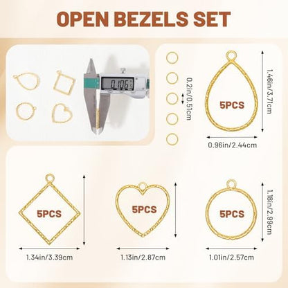 Gartful Open Bezels for Resin Jewelry Making, Engraved Hollow Frame Pendants with 100PCS Jump Rings, Craft Bezels for Necklace, Earring, Craft Supply, 4 Styles(Round, Heart, Square, Teardrops) - Image 2