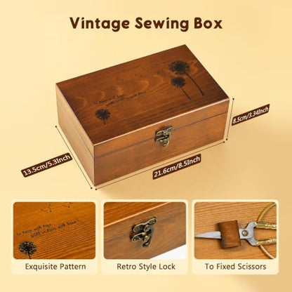 Sewing Kit, Wooden Sewing Kit Box for Adults, Wooden Sewing Basket with Accessories, Home Sewing Basket Stitching Repair Kit for Beginner, Women, Men,Vintage Embroidery Scissors Kit (Retro Brown) - Image 5