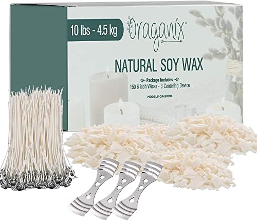 Oraganix 10 lbs Soy Wax DIY Candle Making Kit with 150 Pre-Waxed 6-Inch Wicks and 3 Centering Devices - Smooth Burning Wax for Craft Projects and Scented Project Creations by Oraganix