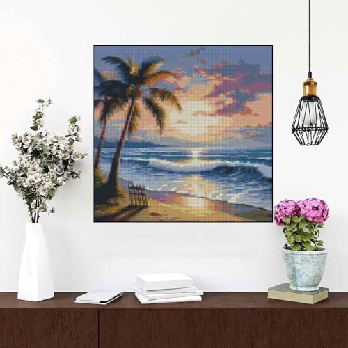 Beach Sunset Stamped Cross Stitch Kits - Tree Counted Cross Stitch Kits for Beginners Adults Needlepoint Cross-Stitch Patterns Dimensions Needlecrafts Embroidery Kits Arts and Crafts 13.7x13.7 Inches - Image 5