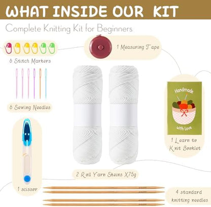 Maasechs Knitting Kits for Beginners Adults Complete Hat Knit Set with Yarn Bamboo Needles Starter Crochet Kit with Full Knitting Crochet Accessories for Women and Men (White) - Image 2