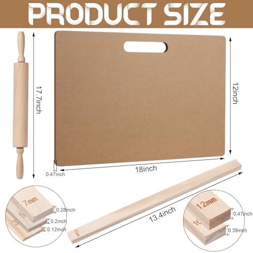 Newtay 12 Pcs Pottery Tools Include 1 Wood Rolling Pin Sculpting Polymer Clay Tools 1 Portable Wedging Board for Pottery with Built in Handle and 10 Pcs 5 Size Pottery Teaching Rolling Mud Stick Guide - Image 2