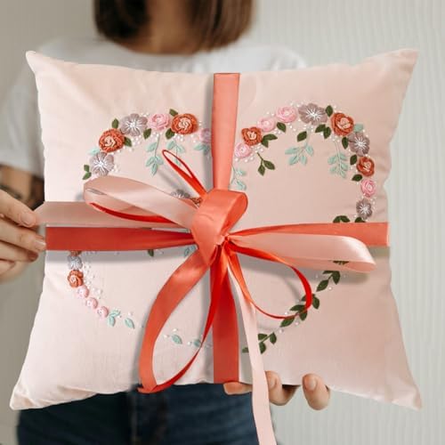 Crewel Pillow Case Embroidery Kit, Heart Shaped Loving You Floral Stamped Pattern Kits for Audlt Beginners, Works Crafts Throw Pillow Cover Great Gift for Loved Ones, 18 x 18'' (Coral) - Image 2