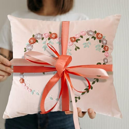 Crewel Pillow Case Embroidery Kit, Heart Shaped Loving You Floral Stamped Pattern Kits for Audlt Beginners, Works Crafts Throw Pillow Cover Great Gift for Loved Ones, 18 x 18'' (Coral) - Image 2