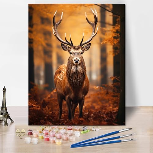 TUMOVO Adults Paint by Numbers Kit Winter Deer Forest Scene Noble Stag in Autumn Snowfall DIY Canvas Painting for Relaxation Rustic Wildlife Home Decor Acrylic Paints and Brushes Included 16x20 Inch by TUMOVO