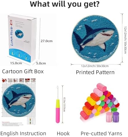 Latch Hook Rug Kit Cute Sea Shark Easy for Beginners Round Shape Carpet Crochet Yarn Craft Mini Rug DIY Hook and Latch Little Tapestry for Home Decor 30x30cm-1 - Image 2