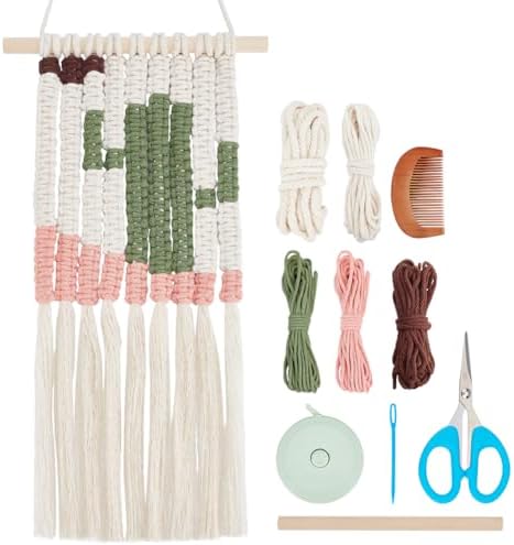 WEBEEDY Macrame Kit for Beginners DIY Macrame Wall Hanging Craft Set Boho Cactus Macrame Tapestry Wall Decor DIY Macrame Cord Kit with 61 Yard Cotton Cord, Wooden Stick and Other Supplies,20x60cm by WEBEEDY