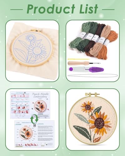 ERKOON Punch Needle Kit Beginners Adults, DIY Easy Flower Embroidery Set for Starter Art Craft, Needling Punching Project with Patterns, Tools, Yarns, Hoop, Instruction (Sunflowers) - Image 2
