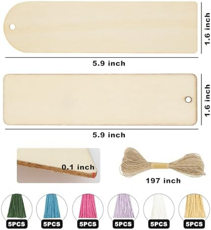 SWATOM Wood Bookmarks Blank DIY Semicircle & Rectangle Wooden Bookmark Craft Bulk 30 PCS Unfinished Wood Tags Rectangle Shape Ornaments with Holes and Tassels for Wedding Party Birthday Decoration - Image 4