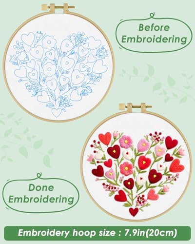 ERKOON Embroidery Kit for Beginners Adult, Flower Cross Stitch Set Include Embroidery Cloth Hoops Threads for Craft Lover Hand Stitch with Embroidery Skill Techniques (Heart) - Image 5